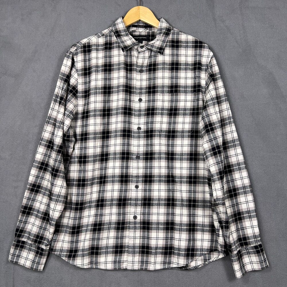 Banana Republic Plaid Untucked Shirt Men Large Black Gray White Grunge Goth Punk